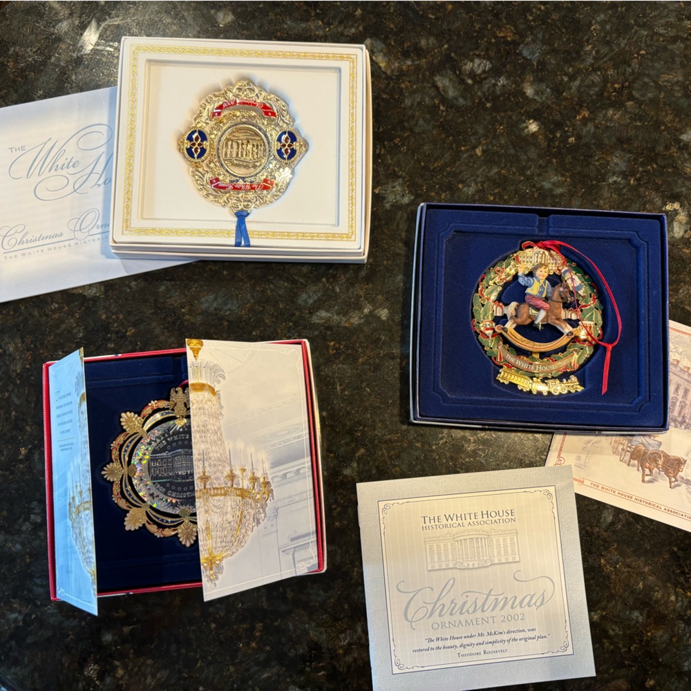 Set of three boxed White House Christmas Ornaments 2002, 2003, 2006